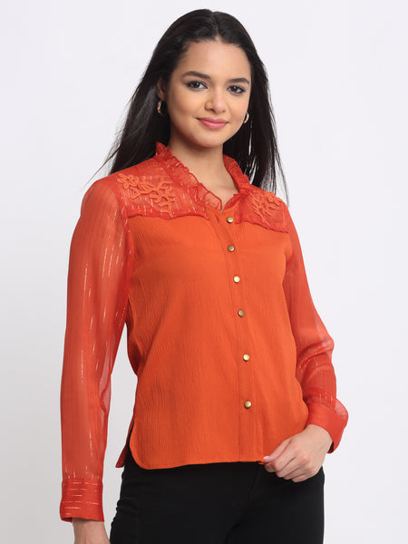 Shaye rust embroidered party shirt crinkled crepe crochet patch full sleeves side view for women