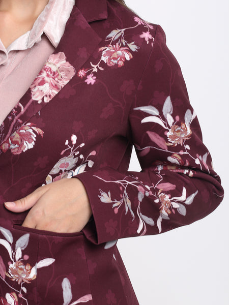 Close-up of Shaye Savy blazer in wine with floral print, notch collar, and relaxed fit – premium satin blazer