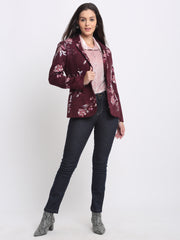 Shaye Savy wine floral blazer styled with black pants – versatile satin party blazer outfit by Shaye India