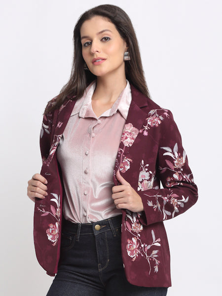 Side view of wine floral print Savy blazer with full sleeves and side pockets – Shaye women's satin blazer