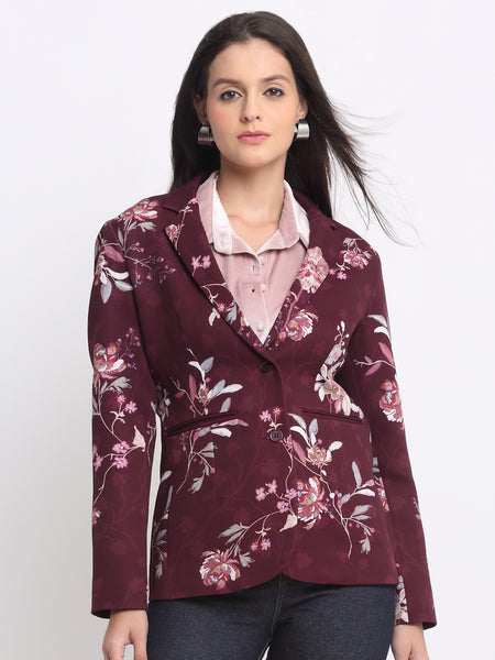 Full outfit featuring Shaye Savy wine floral print blazer – elegant satin blazer with notch collar for parties and events