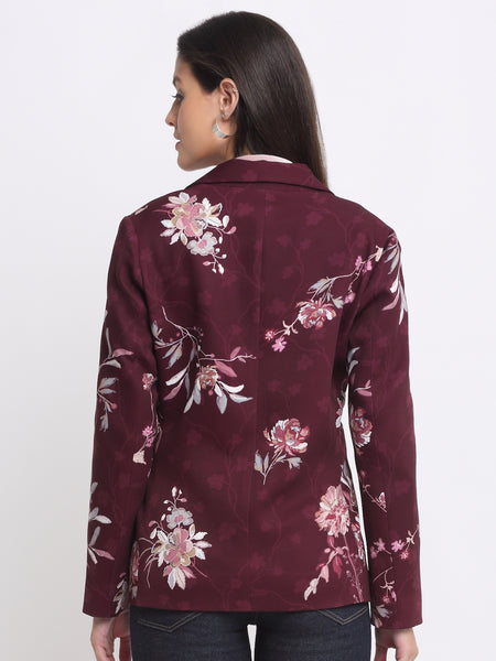 Back view of wine floral print Savy blazer with straight hem and relaxed fit – Shaye India satin blazer