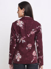 Back view of wine floral print Savy blazer with straight hem and relaxed fit – Shaye India satin blazer