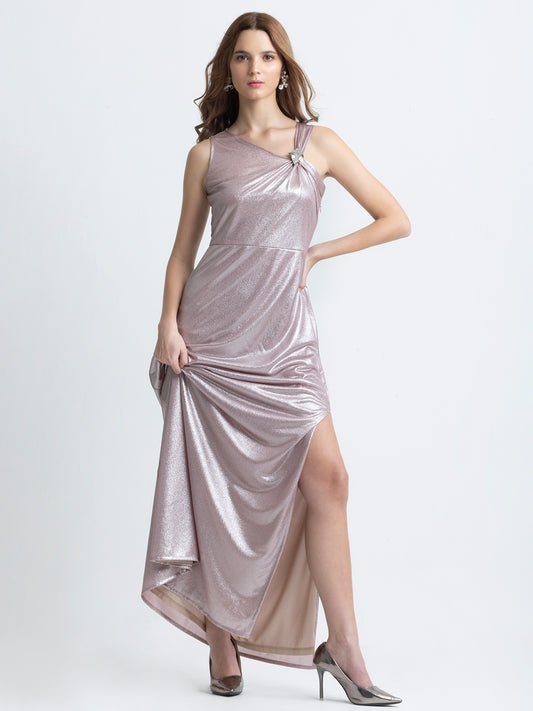 Shaye Symphony pink shimmer party dress with asymmetric neck twisted knot front view