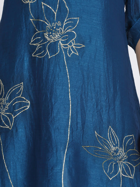 Teal Blue Gold Floral Embroidered Kurti from Shaye India , Kurti for women