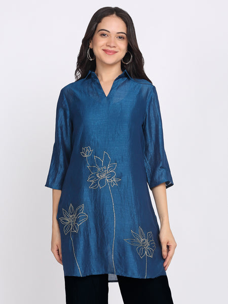 Teal Blue Gold Floral Embroidered Kurti from Shaye India , Kurti for women
