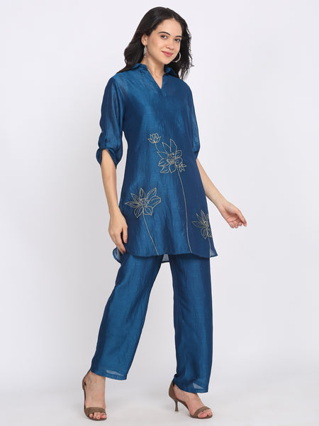 Teal Blue Gold Floral Embroidered Kurti from Shaye India , Kurti for women