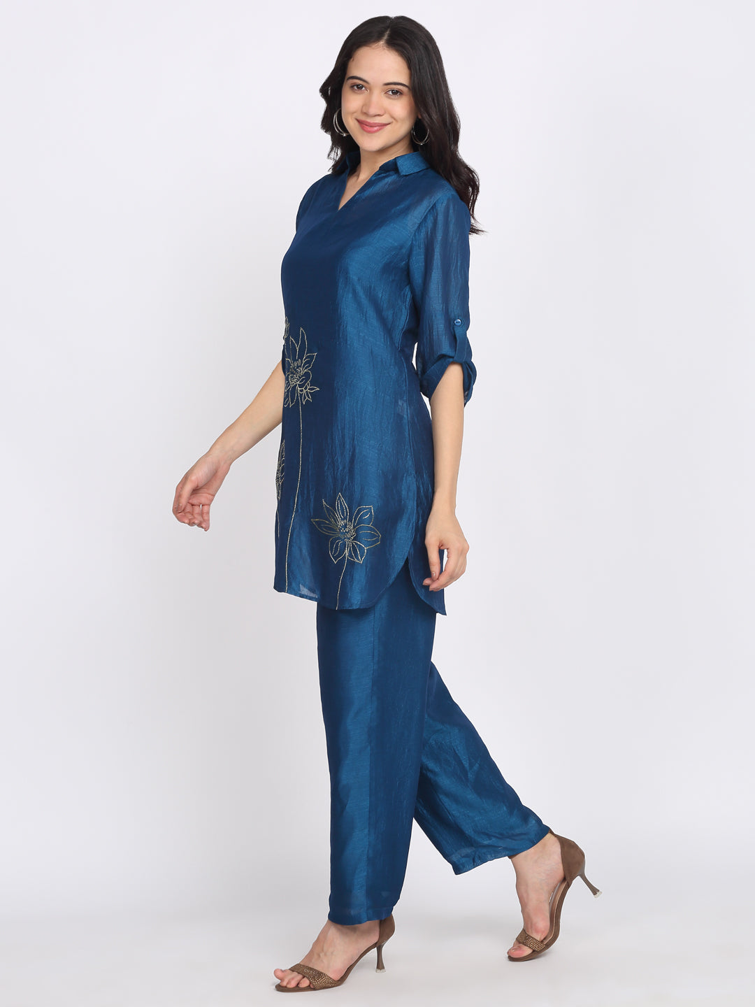 Teal Blue Gold Floral Embroidered Kurti from Shaye India , Kurti for women