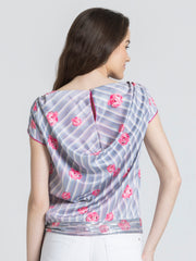 Shaye white floral print satin top cowl back sequin detail relaxed fit back view for women
