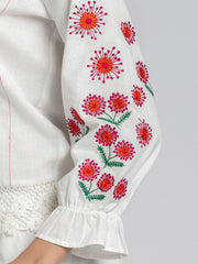 Close up of embroidery detail on three-quarter elasticated sleeve and tagaai stitch on crop top
