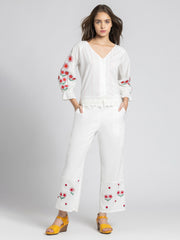 Full body shot of Sojourn Co-ord Set featuring button down crop top and embroidered pants with relaxed fit