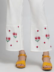 Close up of embroidered scallop hem pants with side zipper and relaxed fit in Sojourn Co-ord Set