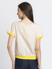 Rear view of Sullivan Top showing zipper at back short sleeves ribbed edging and straight hem