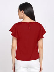 Back view of maroon satin top with keyhole opening, short sleeves, curved hem, and relaxed fit