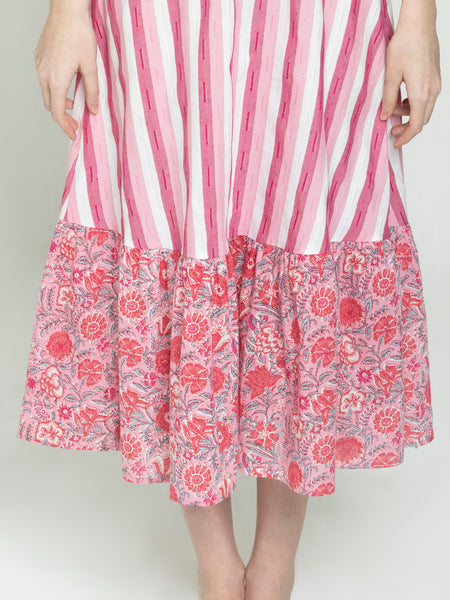 Close-up of floral print and ruffled hem on pink cotton dress, highlighting fabric and structure
