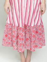 Close-up of floral print and ruffled hem on pink cotton dress, highlighting fabric and structure