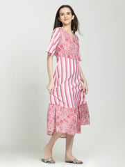 Full body pose of pink floral print dress with V-neck, short flared sleeves, fit and flare cut, concealed zipper