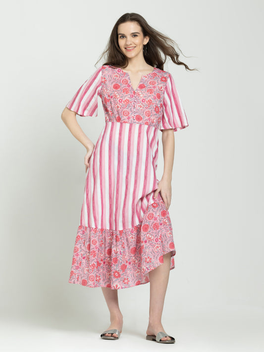 Pink cotton fit and flare dress with floral print, V-neckline, short flared sleeves, straight hem, front view