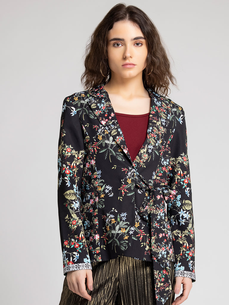 Shaye India - Buy Black and Blue Floral Print Jacket | Women Blazer