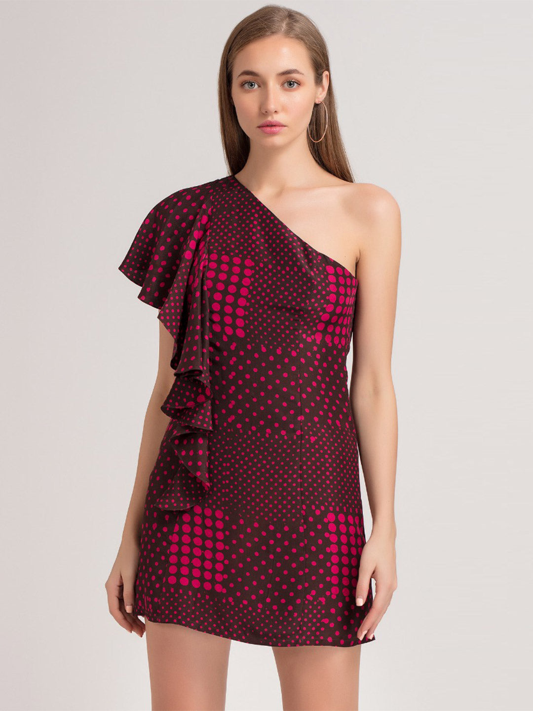 Fuchsia Polka One Shoulder Dress from Shaye , for women